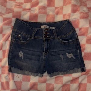 Distressed Dark Blue Mid-Rise Women’s Denim Shorts